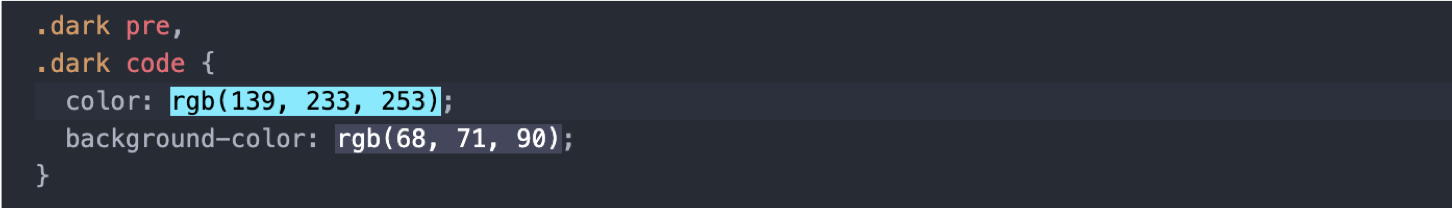 CSS code chunk styling inline code. The Atom editor enables viewers to see the color that hex and rgb color codes correspond to, as the background of the color code text. This screenshot demonstrates that the inline code text color was cyan and the inline code background was light purple. CSS code chunk styling inline code. The Atom editor enables viewers to see the color that hex and rgb color codes correspond to, as the background of the color code text. This screenshot demonstrates that the inline code text color was cyan and the inline code background was light purple.
