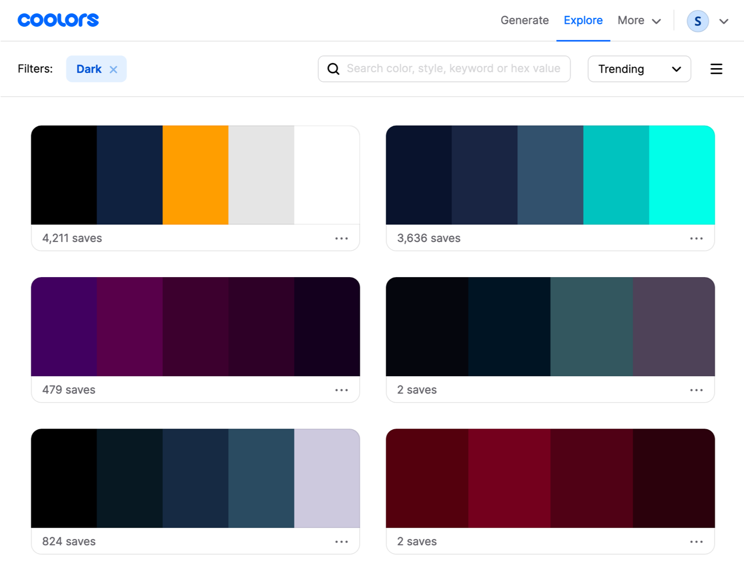Six different palettes available under the "Dark" category in the Coolors galleries, which feature deeper colors Six different palettes available under the "Dark" category in the Coolors galleries, which feature deeper colors